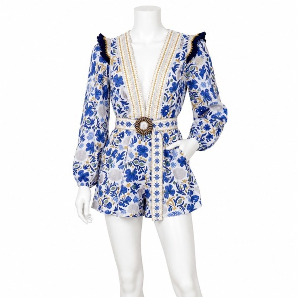 NEW Caroline Constas Blue Floral Embroidered Romper Women's XS Belted Resort